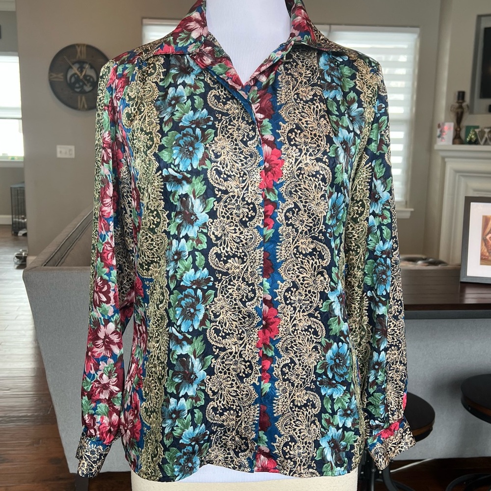 Vibrant Vintage Notations Blouse Size 8 Button Up Colorful 80’s Satin Top Shirt - Picture 6 of 13